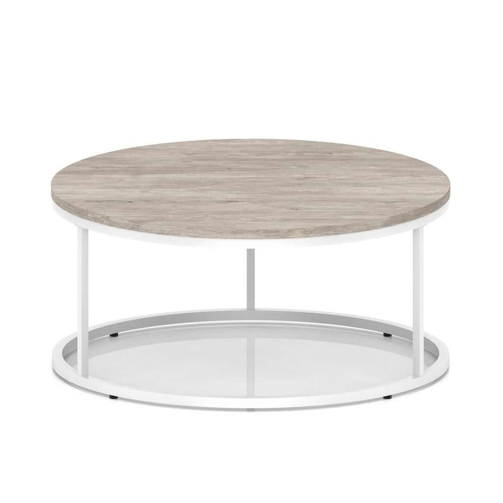 A round coffee table with a grey wood-effect top, a white metal frame, shown on a white background.