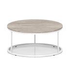A round coffee table with a grey wood-effect top, a white metal frame, shown on a white background.