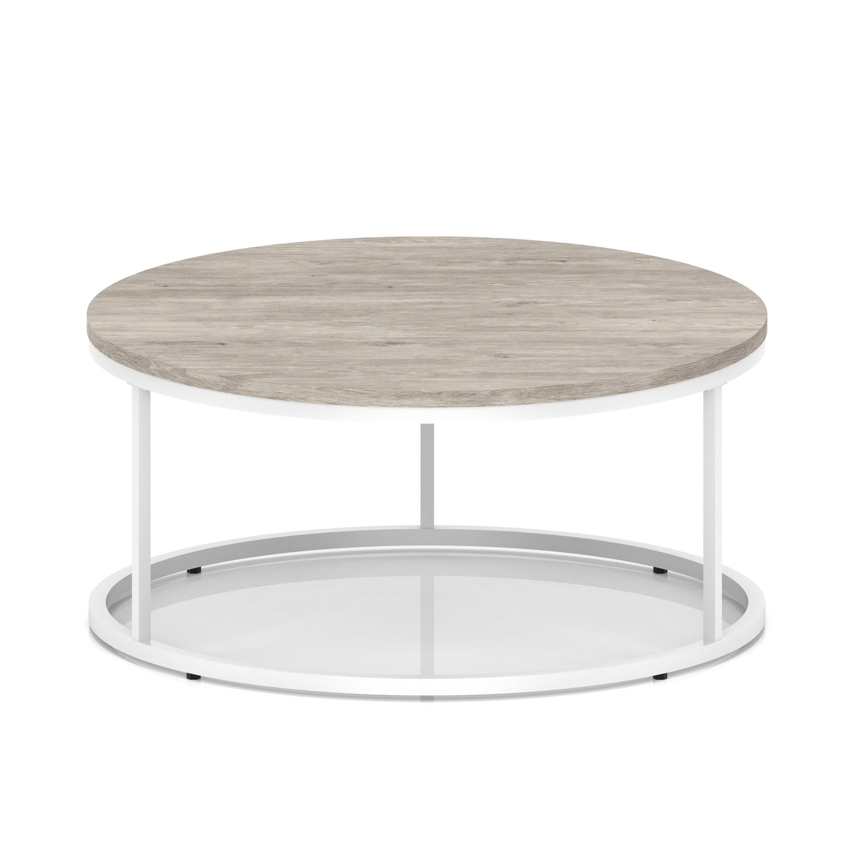 A round coffee table with a grey wood-effect top, a white metal frame, shown on a white background.