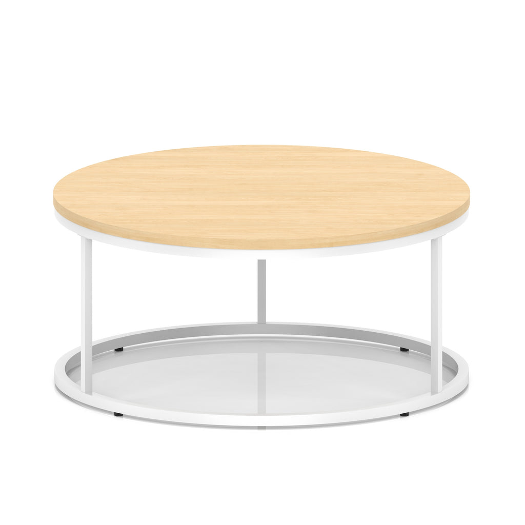 A round coffee table with a light wood-effect top, a white metal frame, shown on a white background.