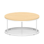 A round coffee table with a light wood-effect top, a white metal frame, shown on a white background.