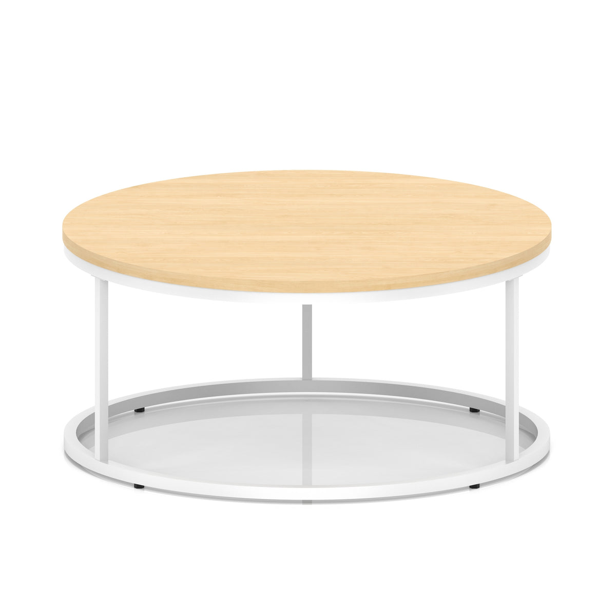A round coffee table with a light wood-effect top, a white metal frame, shown on a white background.