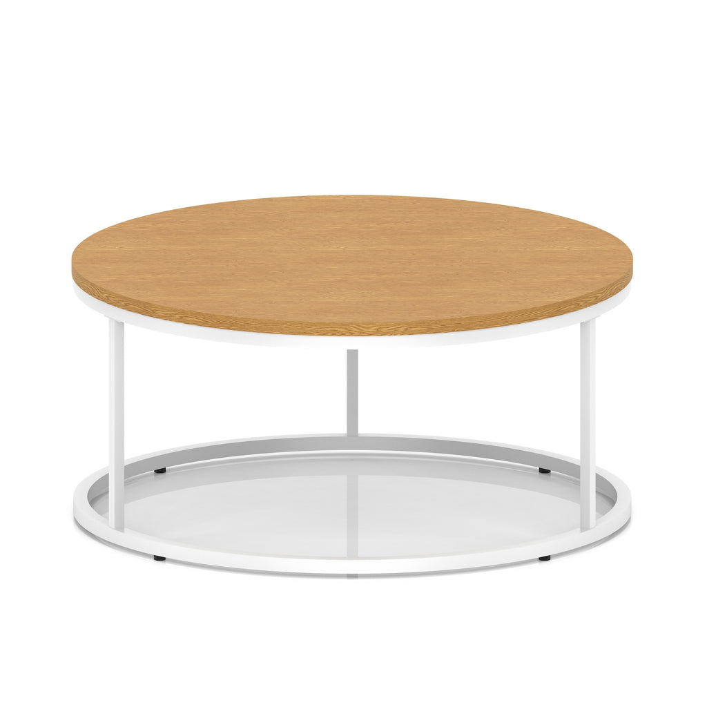 A round coffee table with a wood-effect top, a white metal frame, shown on a white background.