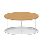 A round coffee table with a wood-effect top, a white metal frame, shown on a white background.