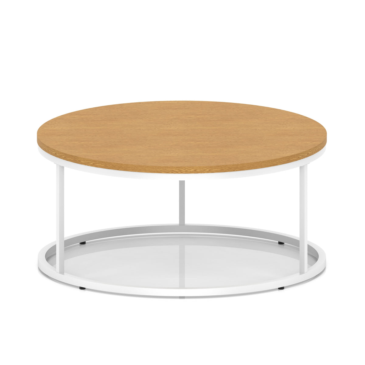 A round coffee table with a wood-effect top, a white metal frame, shown on a white background.