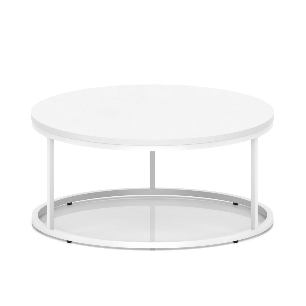 A white round coffee table with metal frame, shown on a white background.
