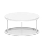 A white round coffee table with metal frame, shown on a white background.