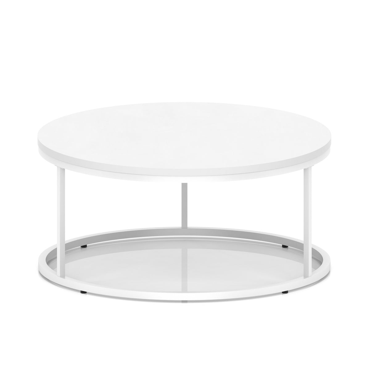 A white round coffee table with metal frame, shown on a white background.