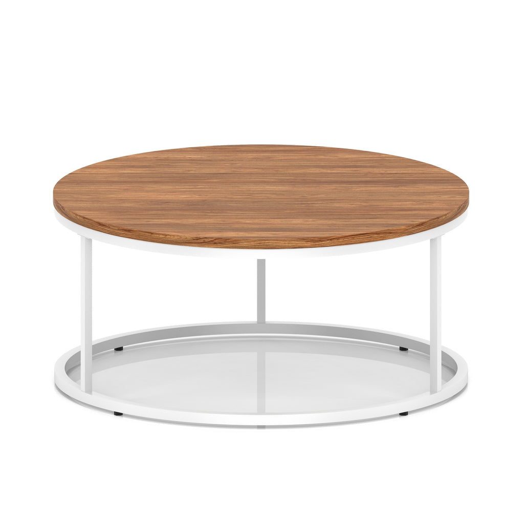 A round coffee table with a dark wood-effect top, a white metal frame, shown on a white background.