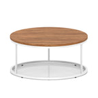 A round coffee table with a dark wood-effect top, a white metal frame, shown on a white background.