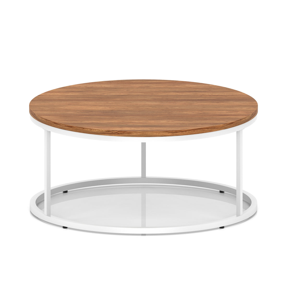 A round coffee table with a dark wood-effect top, a white metal frame, shown on a white background.