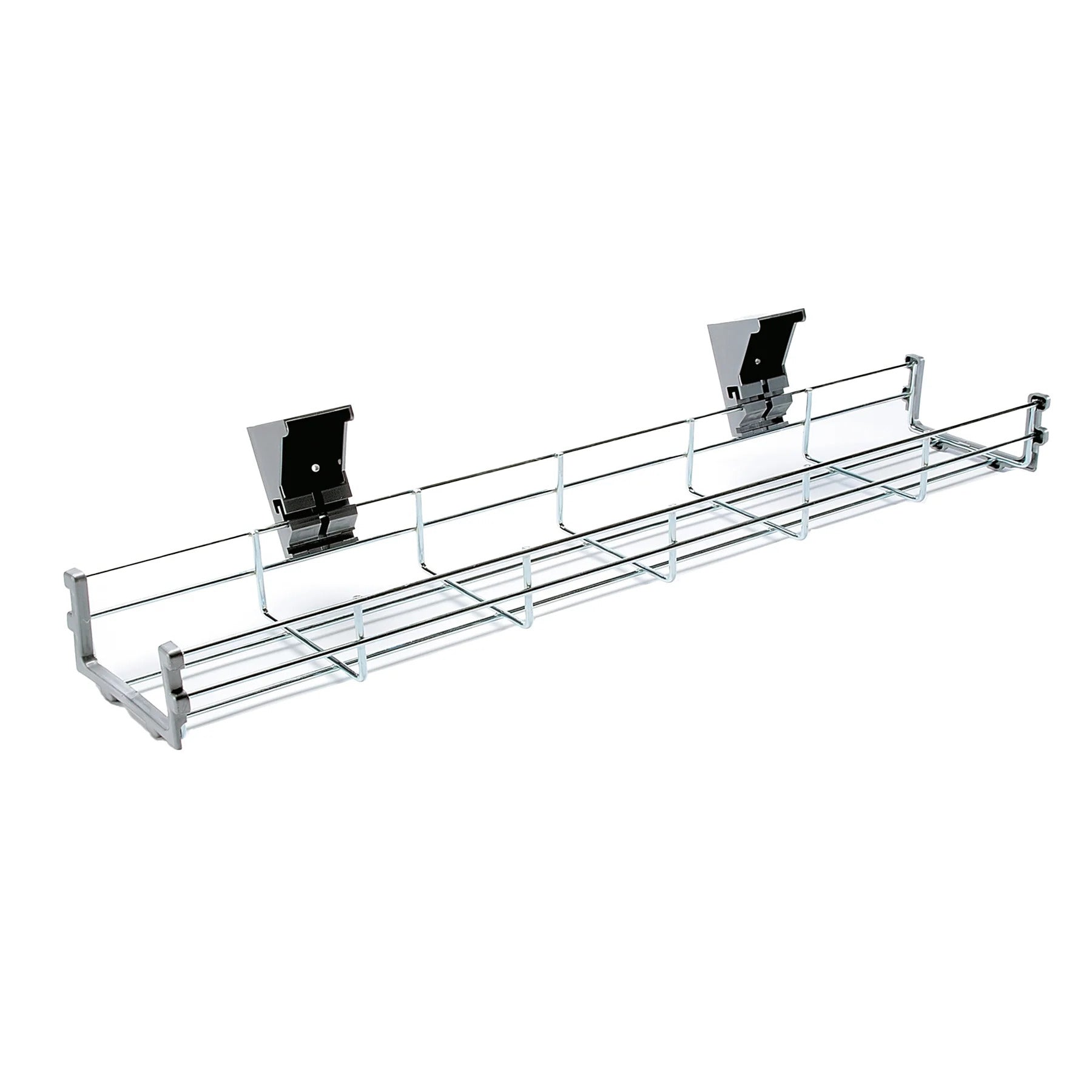 Chrome cable basket with hooks on a white background