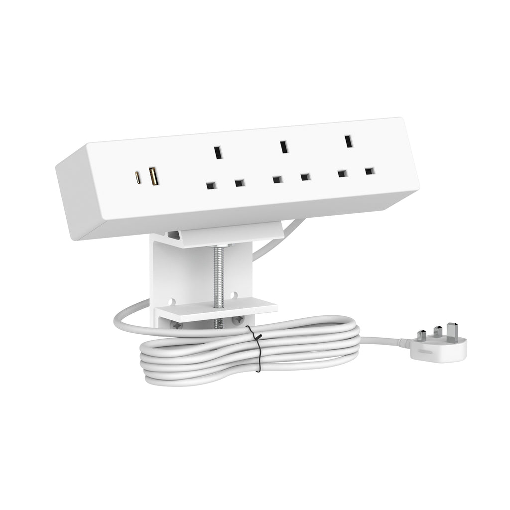 White power strip with multiple outlets and a USB on a white background