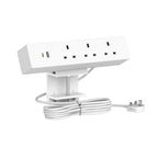 White power strip with multiple outlets and a USB on a white background