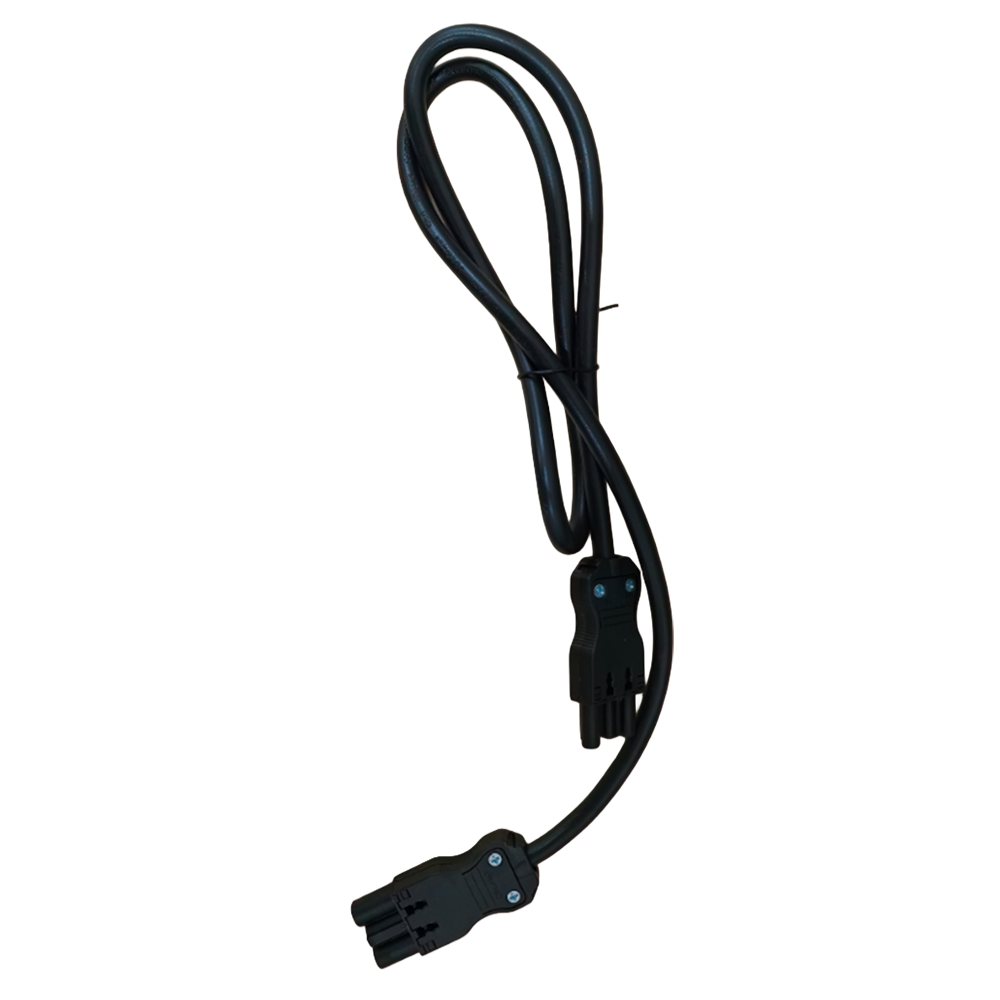 Black electrical cable with plug on a white background