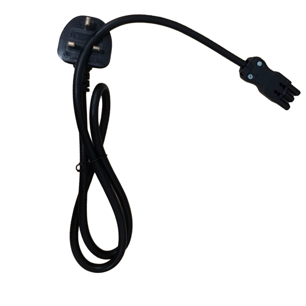 Black electrical cable with two plugs on a white background