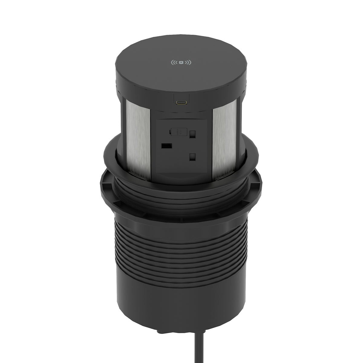 Black cylindrical electronic device with a power outlet on a white background