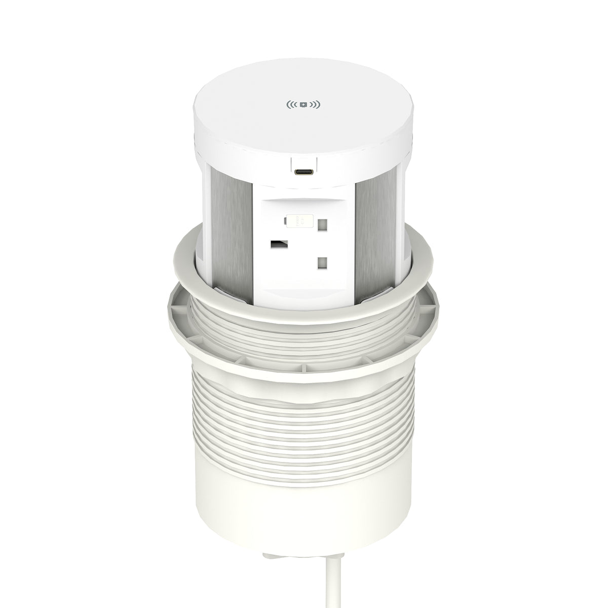 White cylindrical electronic device with a power outlet on a white background