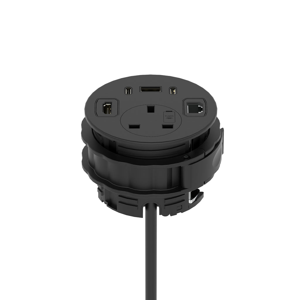 Black electrical plug with multiple sockets on a white background