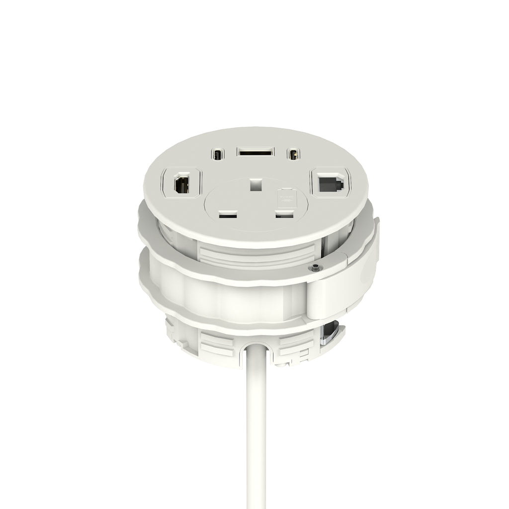 White round electrical plug on a white background