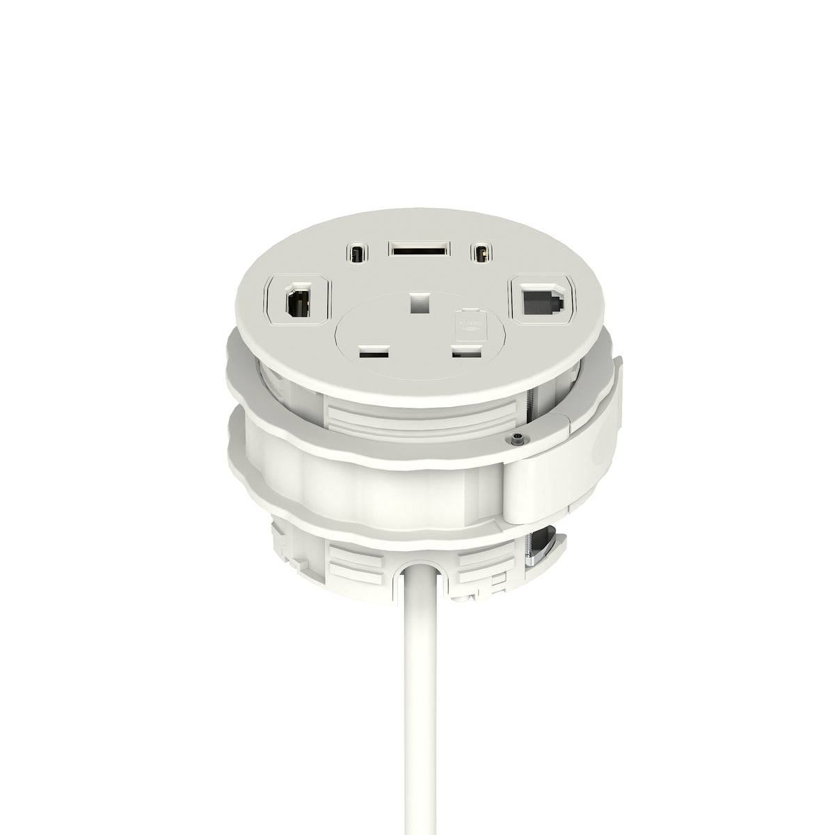 White round electrical plug on a white background