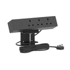 Black power strip with multiple outlets and a USB port on a white background