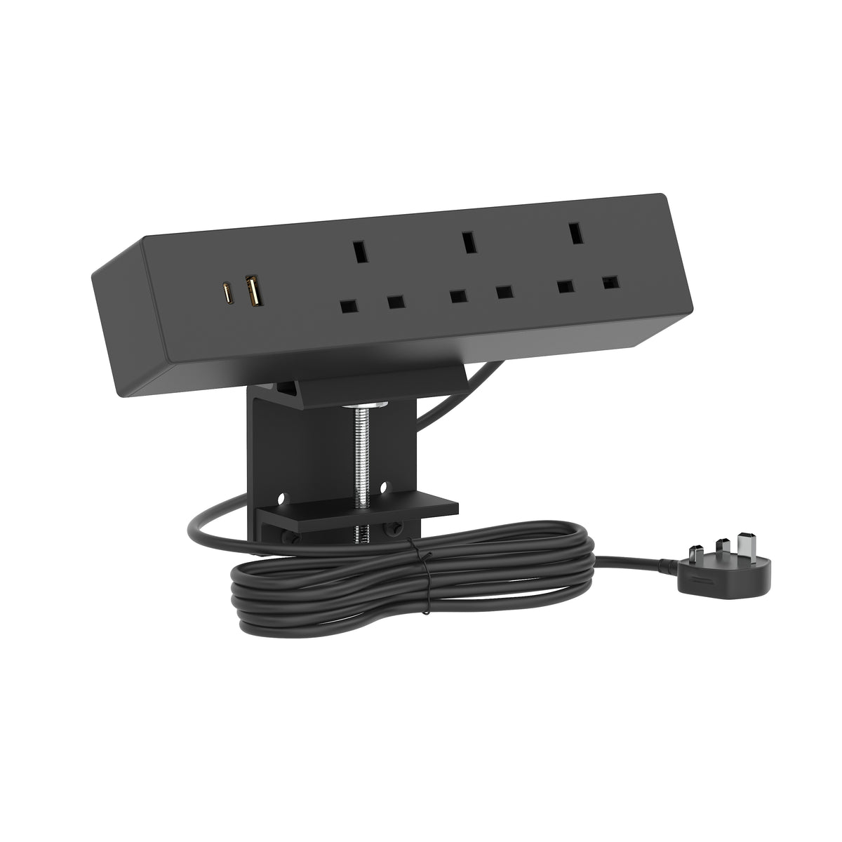 Black power strip with multiple outlets and a USB port on a white background
