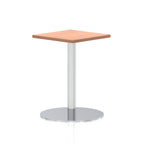 Square table with a wood-effect top and silver cylindrical base on a white background