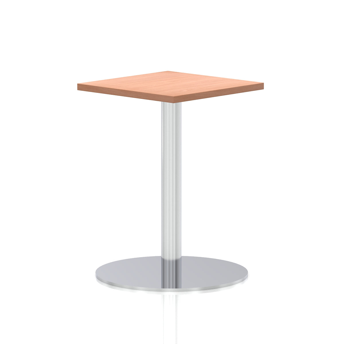 Square table with a wood-effect top and silver cylindrical base on a white background