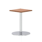 Square table with a wood-effect top and silver cylindrical base on a white background