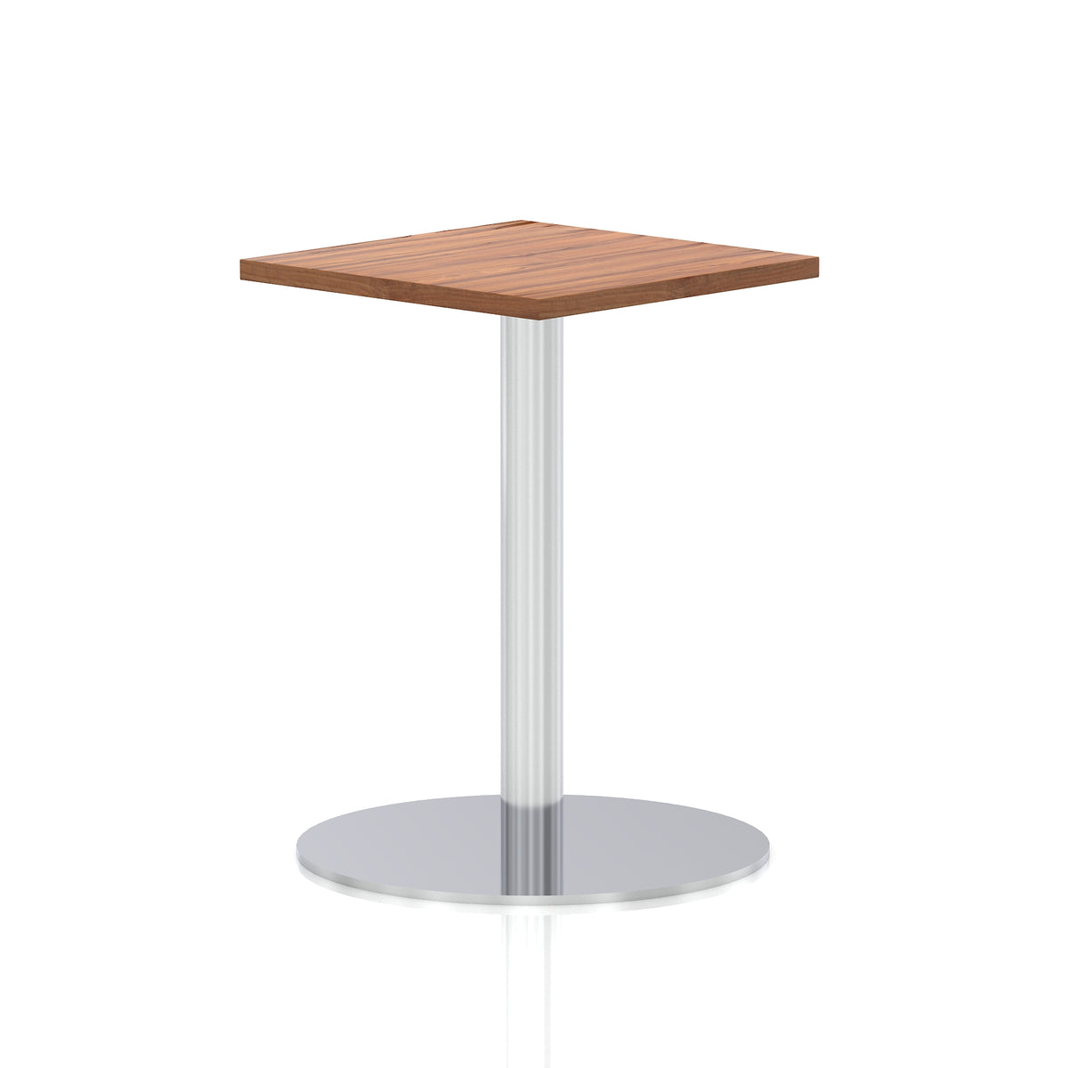 Square table with a wood-effect top and silver cylindrical base on a white background