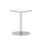 Square table with a white top and silver cylindrical base on a white background