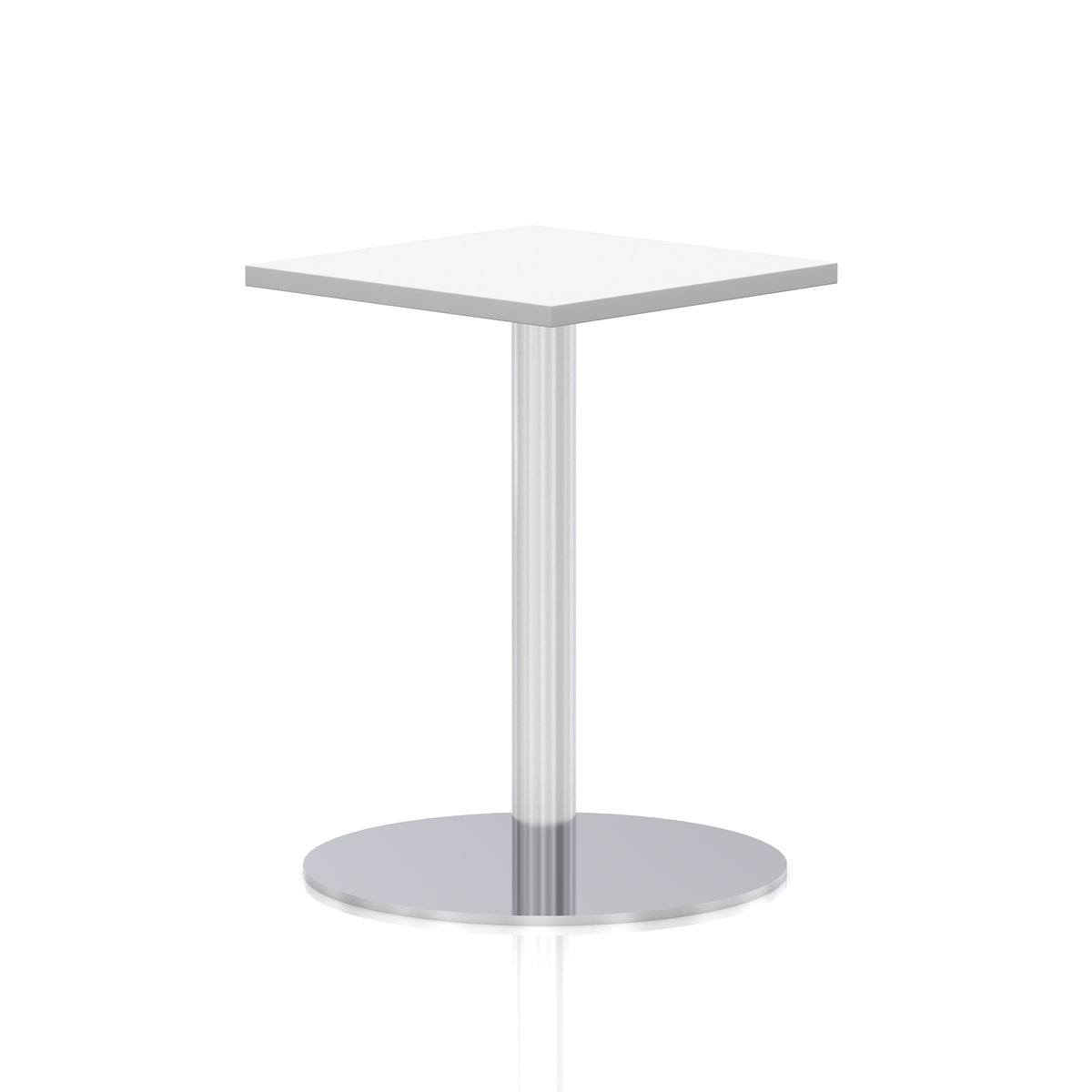 Square table with a white top and silver cylindrical base on a white background