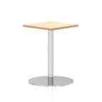 Square table with a wood-effect top and silver cylindrical base on a white background