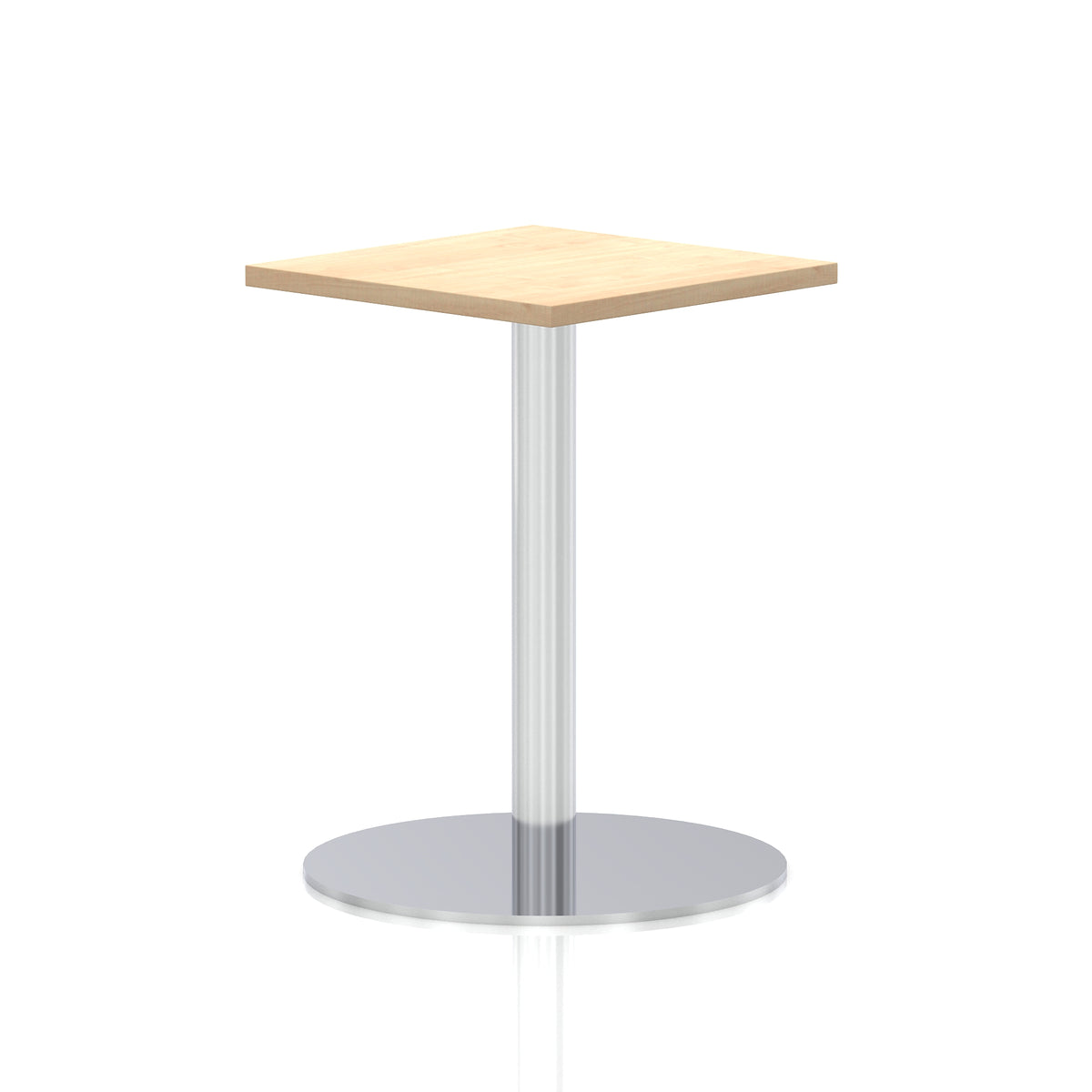 Square table with a wood-effect top and silver cylindrical base on a white background