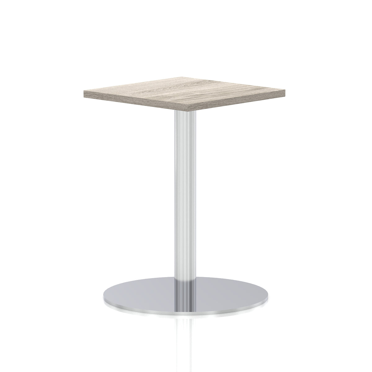 Square table with a grey wood-effect top and silver cylindrical base on a white background