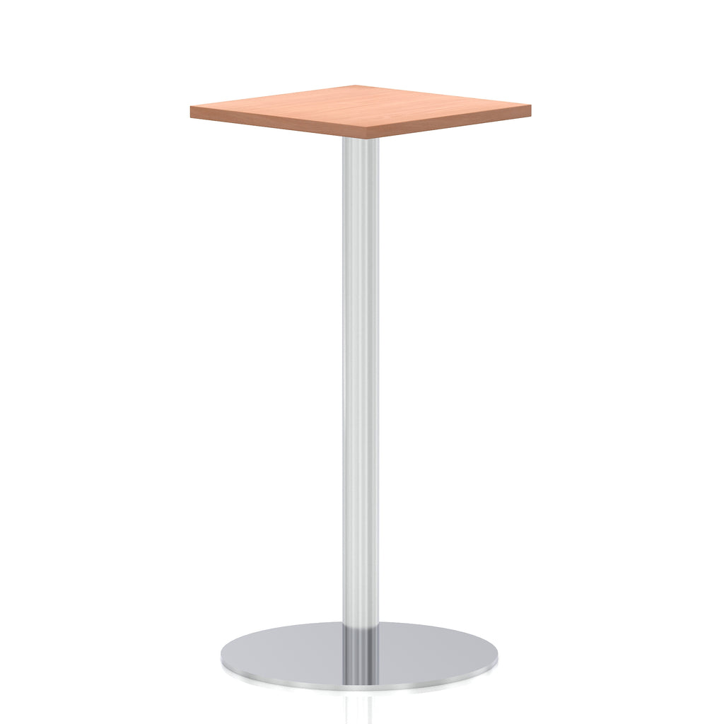 Square high table with a wood-effect top and silver cylindrical base on a white background