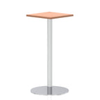 Square high table with a wood-effect top and silver cylindrical base on a white background