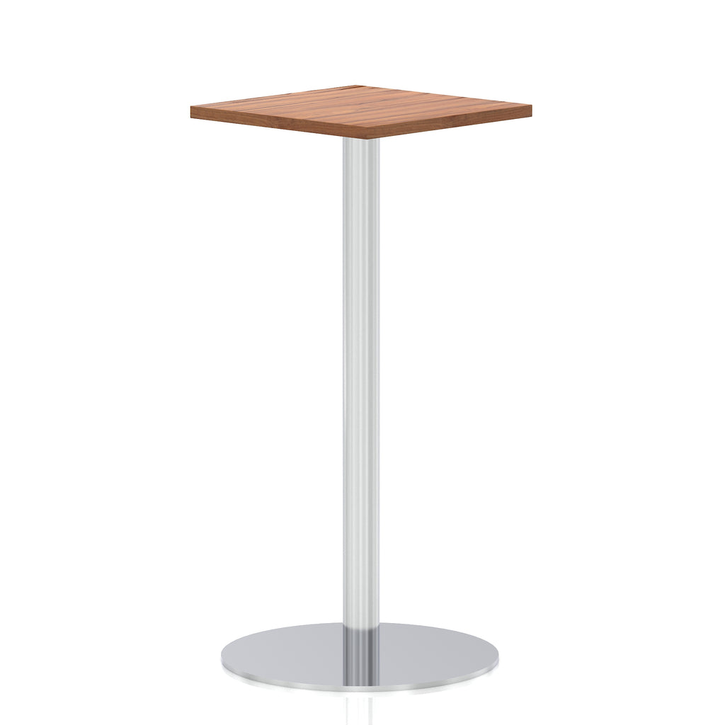 Square high table with a wood-effect top and silver cylindrical base on a white background