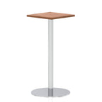 Square high table with a wood-effect top and silver cylindrical base on a white background