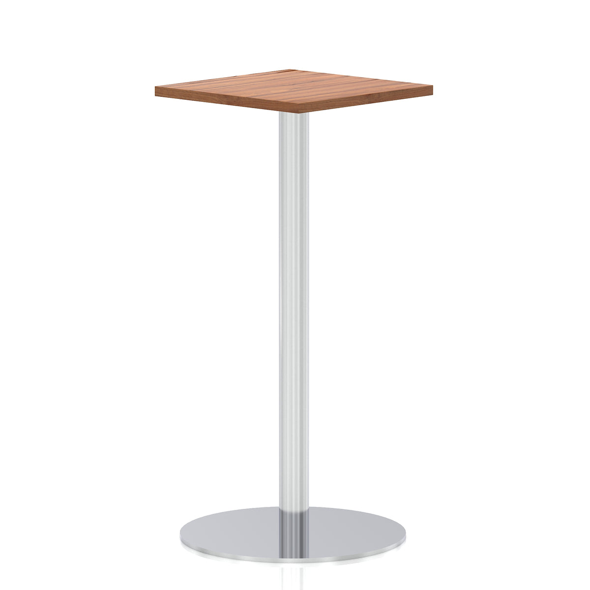 Square high table with a wood-effect top and silver cylindrical base on a white background