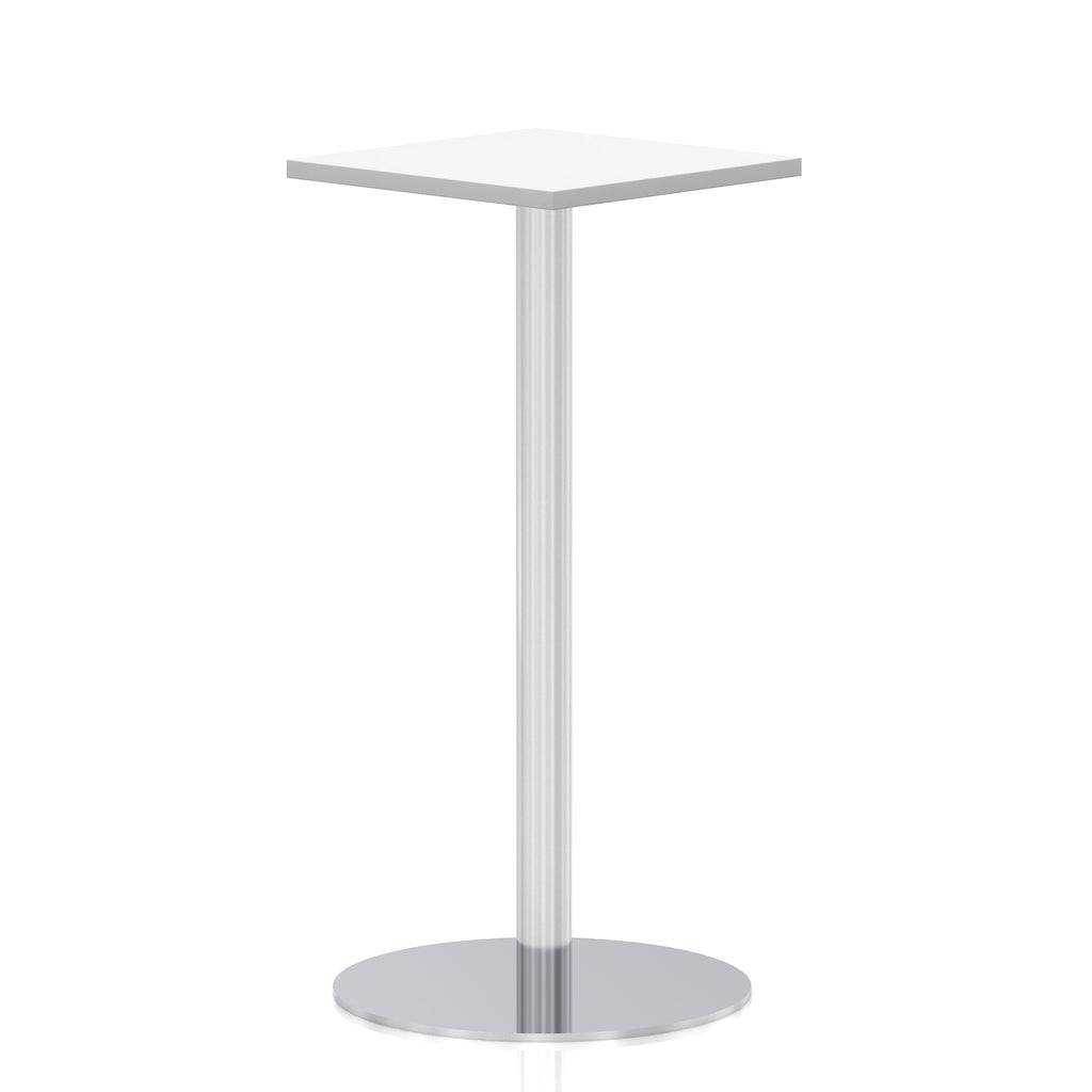 Square high table with a white top and silver cylindrical base on a white background