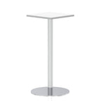 Square high table with a white top and silver cylindrical base on a white background