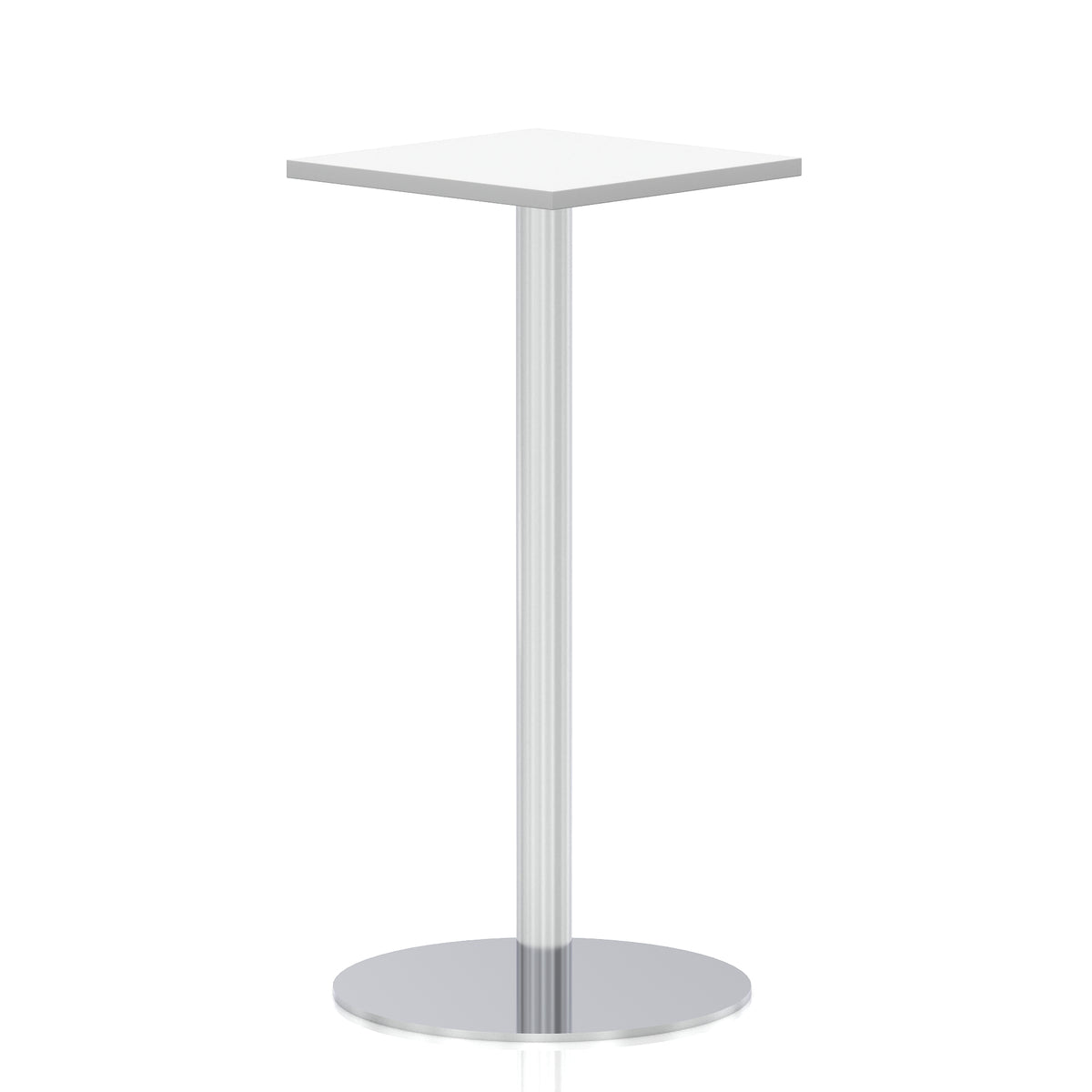 Square high table with a white top and silver cylindrical base on a white background