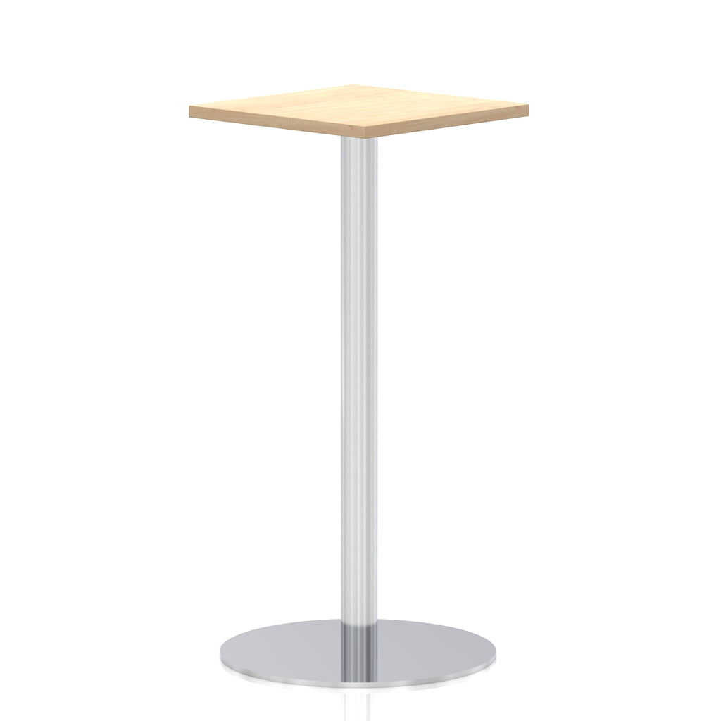 Square high table with a wood-effect top and silver cylindrical base on a white background