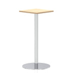 Square high table with a wood-effect top and silver cylindrical base on a white background