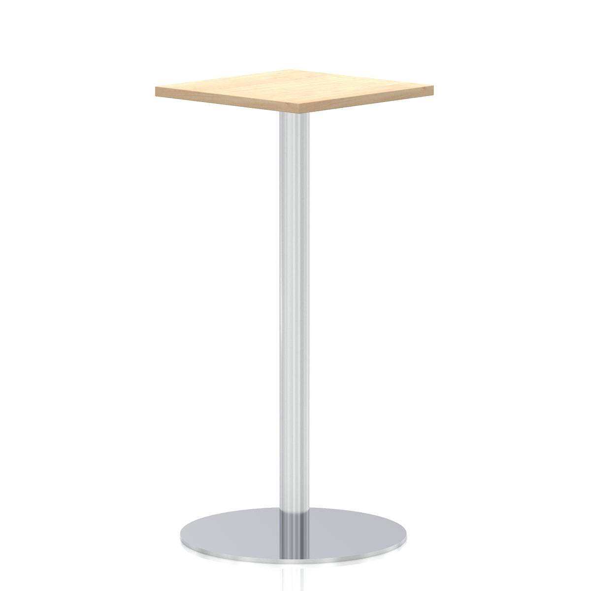 Square high table with a wood-effect top and silver cylindrical base on a white background