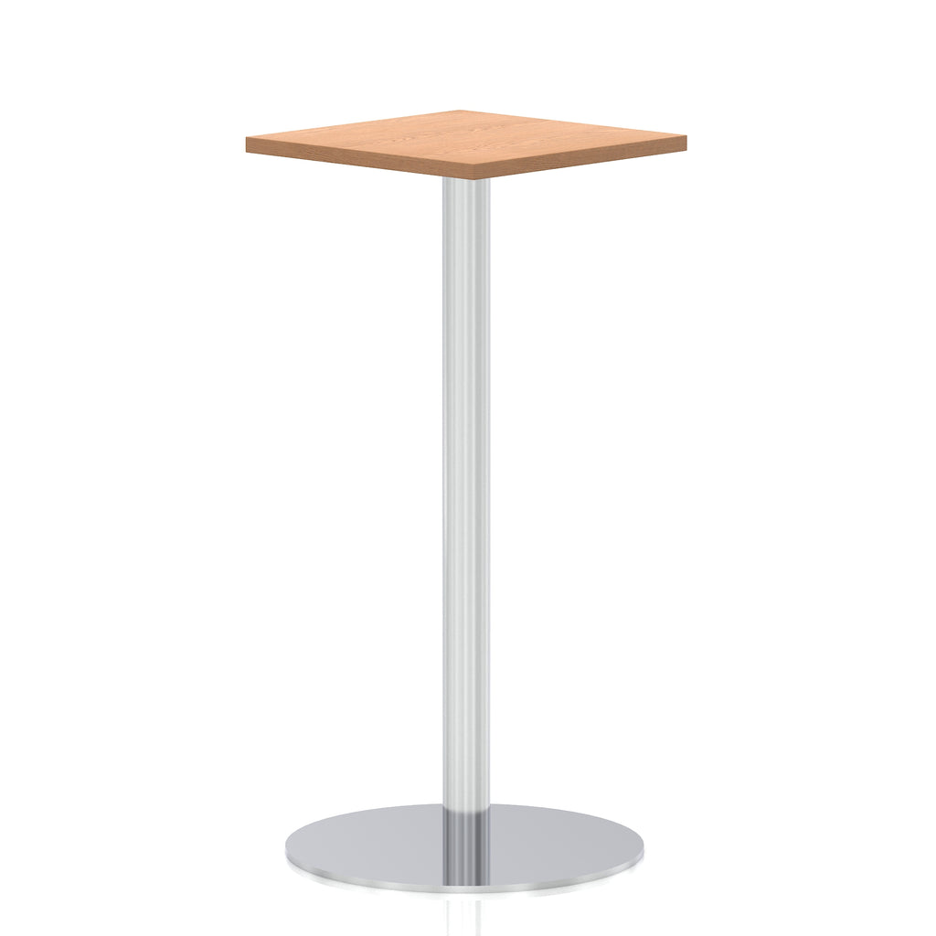 Square high table with a wood-effect top and silver cylindrical base on a white background