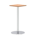 Square high table with a wood-effect top and silver cylindrical base on a white background