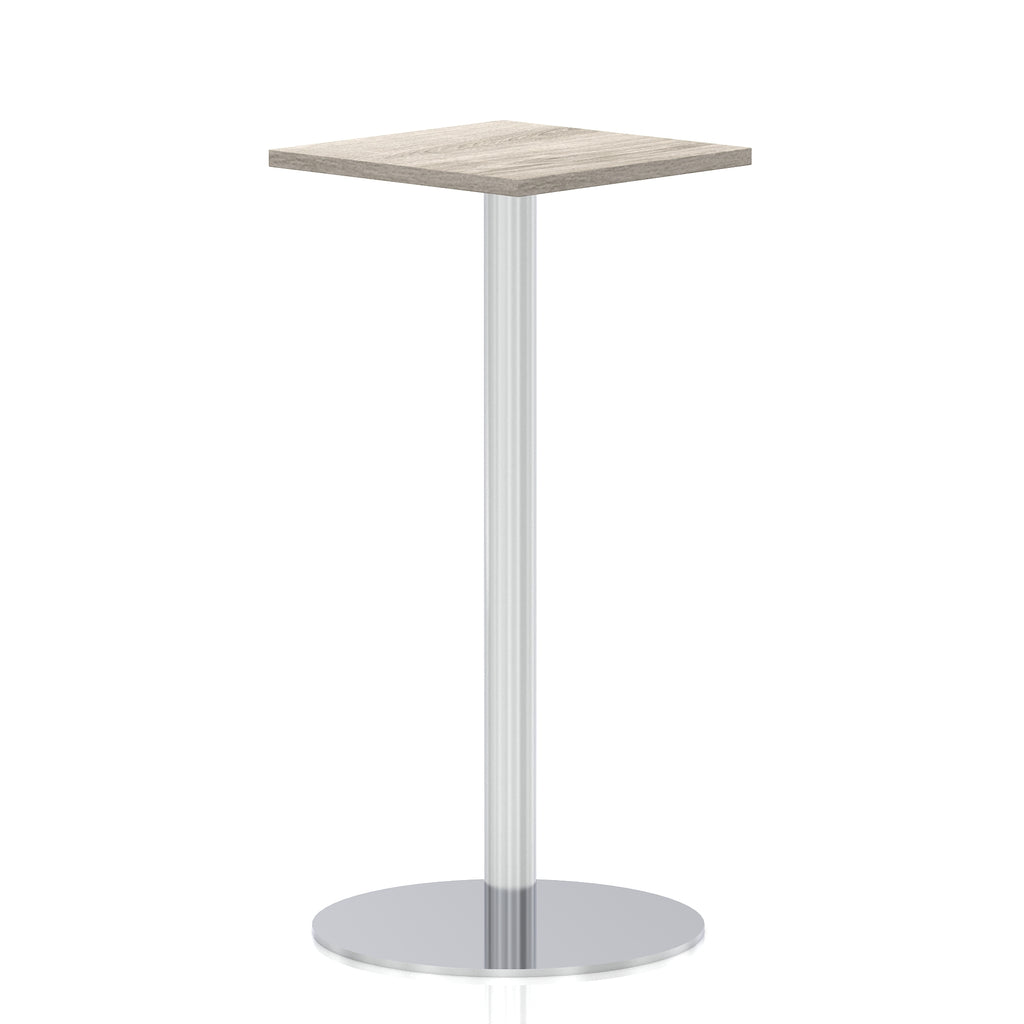 Square high table with a grey wood-effect top and silver cylindrical base on a white background